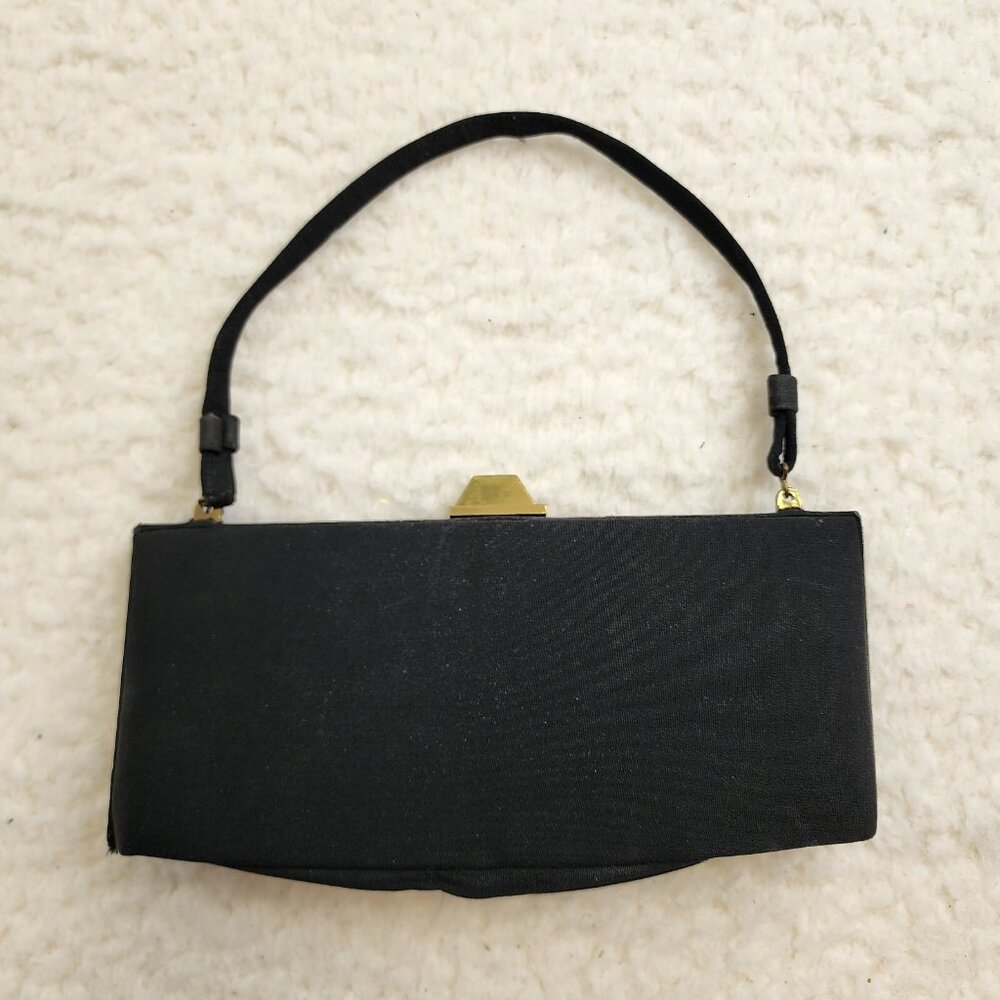 Vintage Black Satin Handbag Clutch Gold Shell Clasp Silk lined Coin Purse - Picture 1 of 10
